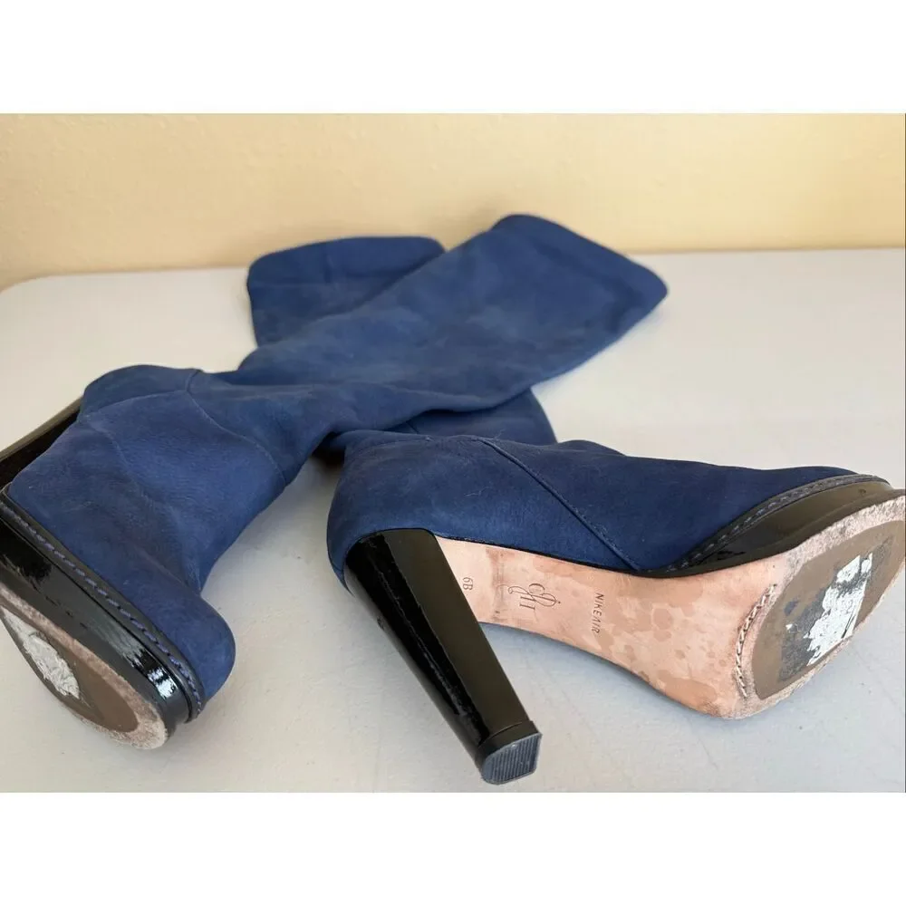 Cole Haan Blue Suede Knee High Boots Size 6B Platform Heel Black Patent